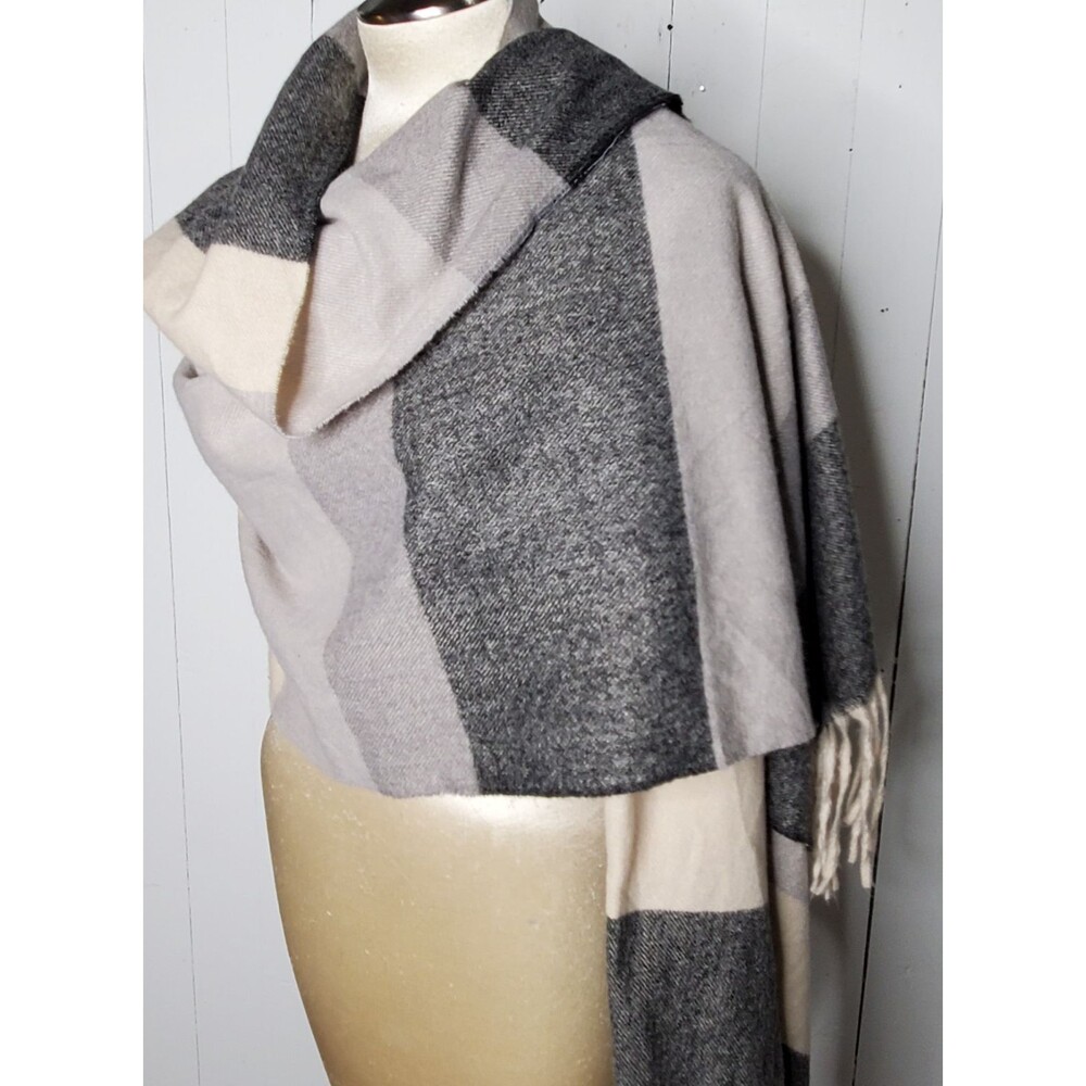 Wrap Shawl Scarf Gray Beige Ivory Color Block Fringe Warm 74x26" Soft Oversized